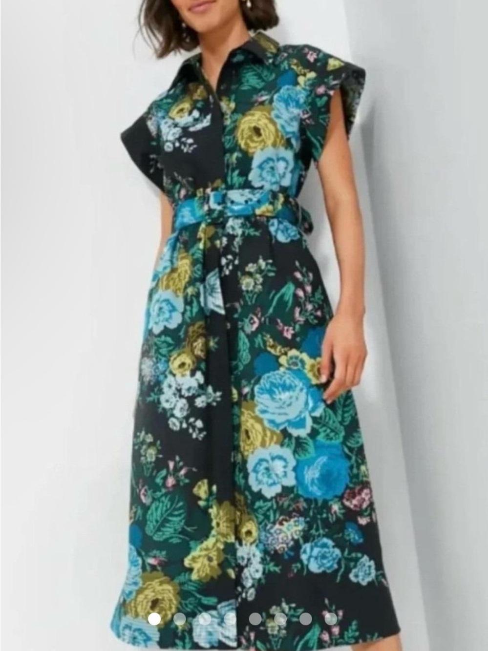 Tuckernuck Black Floral Midi Shirt Dress with Blue and Yellow Blooms